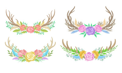 Deer Antlers Arranged with Showy Flower Buds and Tender Feathers Vector Set
