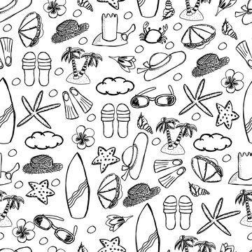 Seamless pattern of travel summer elements. Cute illystration in doodle style. 