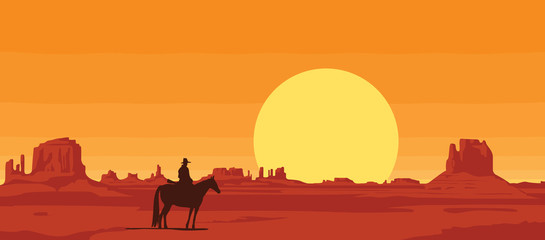 Vector landscape with wild American prairies and silhouette of a cowboy riding a horse at sunset or dawn. Decorative illustration on the theme of the Wild West. Western vintage background - obrazy, fototapety, plakaty