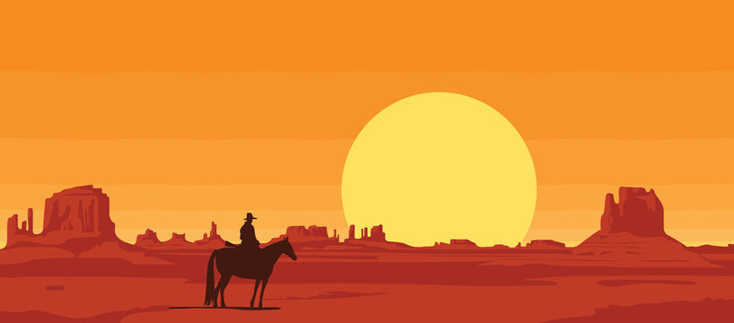 Vector landscape with wild American prairies and silhouette of a cowboy riding a horse at sunset or dawn. Decorative illustration on the theme of the Wild West. Western vintage background