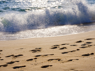 Footprints of feet on the beach at the sea