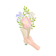 Flower Bouquet Wrapped in Brown Paper Kept by Hand Vector Illustration