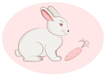 Cute white rabbit with carrot in cartoon style