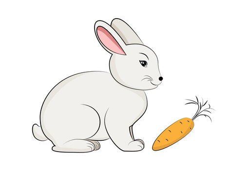 Cute white rabbit with carrot in cartoon style