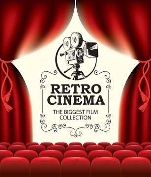 Vector poster for retro cinema with an old movie projector and inscription. Cinema hall with big screen, red curtains and seats. Empty movie theater. Suitable for advertising banner, flyer, background