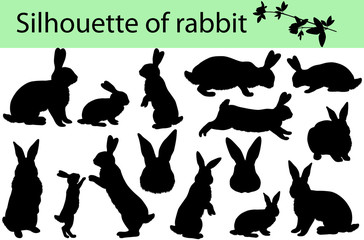 Collection of silhouettes of rabbits and its cubs