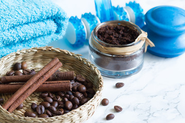 Set for anti cellulite cosmetics  peeling massage coffee beans  cinnamon and tools