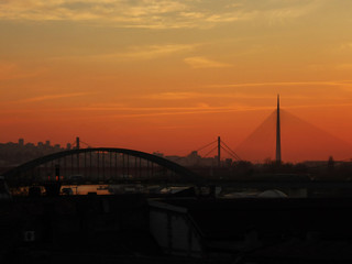 Bridges on the Sava river at sunset in Belgrade, Serbia