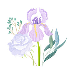 Flower Arrangement with Open Iris Bud on Green Erect Stem Vector Illustration