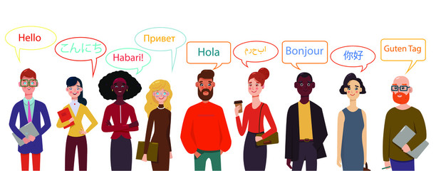 International group of businessmen and businesswoman. Hello in different languages.  Diverse cultures, international communication concept, club of foreign languages, language learning camp.
