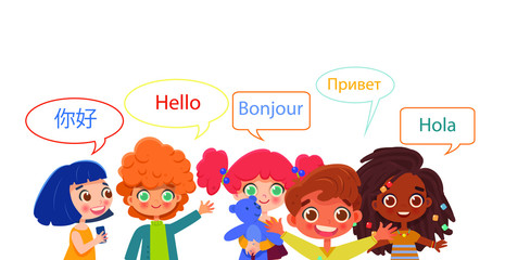 Group of intercultural children. Hello in different languages.  Diverse cultures, international communication concept, club of foreign languages, language learning camp. © Anna