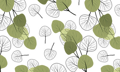 Seamless horizontal pattern with branches of eucalyptus on a flat style and black and white contours of leaves . Vector illustration