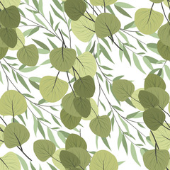 Seamless pattern with branches of a willow and eucalyptus on a white background. Vector illustration