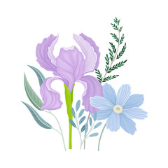 Flower Arrangement with Open Iris Bud on Green Erect Stem Vector Illustration