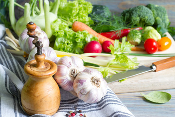 Fresh raw vegetables spices and pepper mill  food diet still life art poster concept