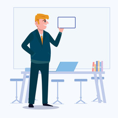 Business men Office cartoon characters. Standing persons. Business People at morning meeting. Illustration vector of discussion and talk, Board background.