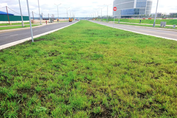 Lawn along the newly built road, planting green grass