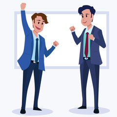 Fototapeta premium Business men Office cartoon characters. Standing persons. Business People at morning meeting. Illustration vector of discussion and talk, Board background.