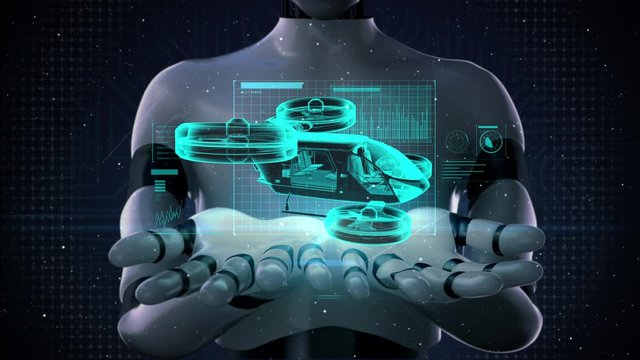 Robot, cyborg opens two palms, Autonomous drone taxi, x-ray image. Drone plane. 4k animation.2.