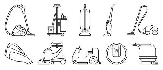 Vacuum cleaner Outline vector illustration on white background . Set icon vacuum cleaner for cleaning .Outline vector icon hoover for cleaning carpet.