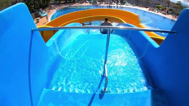 POV Young Man In A Waterslide In Water Park In Slow Motion 250fps