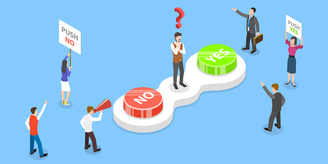 Vector Isometric Concept of Choosing YES or NO answer. Man is Making Decision which Button to Push. Two Groups of People are Persuading Him to Choose Their Button.