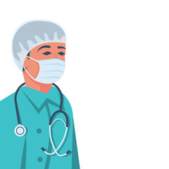 Doctor in protective mask. Quarantine concept. Medical background for flu control instructions. Flat icon doctor in uniform with stethoscope in mask. Vector illustration cartoon design. Sick with flu.