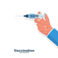 Vaccination concept. Medical template landing page. Vector illustration flat design. Isolated on white background. Shot in the shoulder. The doctor holds a syringe with a vaccine in hand.