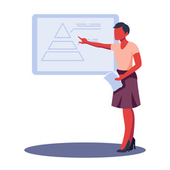 Business Woman presenting pyramid graph report. Colorful flat design vector illustration. Woman making a business presentation
