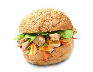 Tasty doner kebab in bun on white background