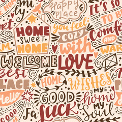 Vector seamless pattern with Home handwritten letterings and symbols. Hand drawn background