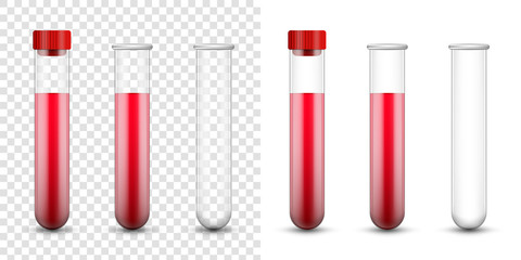 Creative vector illustration test tubes, laboratory glassware isolated on transparent background. Test-tubes filled with blood template. Concept science, pharmacy, beaker, medical glass, vial, element - obrazy, fototapety, plakaty