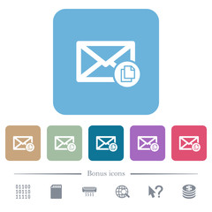 Copy mail flat icons on color rounded square backgrounds