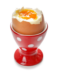 Holder with boiled egg on white background