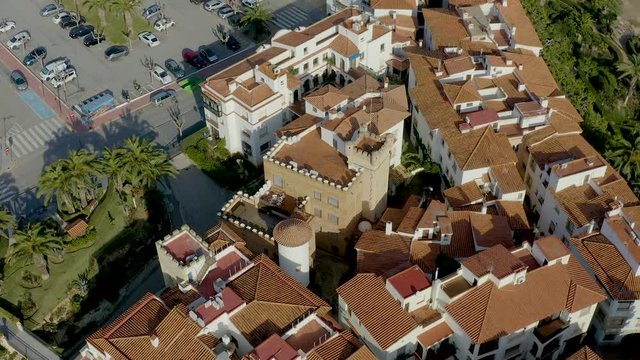 Aerial view over coastal town in mediterranean sea in winter. Roc de Sant Gaieta, Tarragona province in Catalonia, Spain