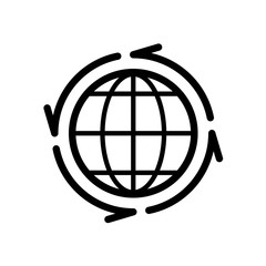 Earth globe with line arrows around icon. All over the world symbol. Goods distribution sign.