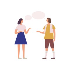 Two female friends gossiping with speech bubbles vector flat illustration. Cartoon woman talking each other and gesticulating isolated on white background. People enjoying conversation