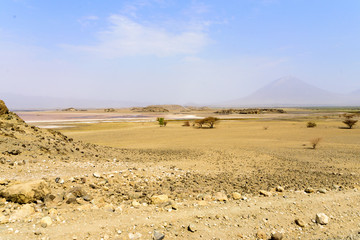 Desert in front of the Ol Doinyo Lengai vulcano and the Natron lake, East Africa, August 2017, Northern Tanzania