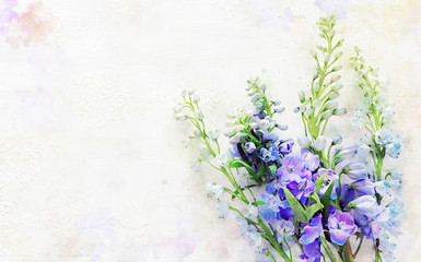 watercolor style illustration and blue and purple flowers