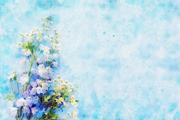 watercolor style illustration and blue and purple flowers