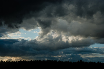 Dramatic sky over the forest. Cloudy evening sky