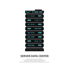Cartoon server data center icon in flat style isolated on white. Big data computer rack for cloud workstation. Vector illustration