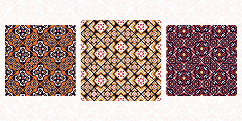 Set of 3 seamless patterns tribal design. Ethnic textile prints. Vector fashion backgrounds.