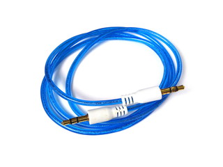 Gold jack audio connector with blue cable isolated on white background. Audio equipment.