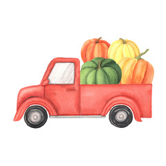 Watercolor cartoon truck with harvest