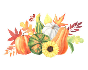 Watercolor fall pumpkins and leaves set