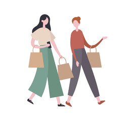Female friends talking during shopping. Flat vector illustration