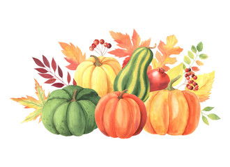 Watercolor fall pumpkins and leaves set