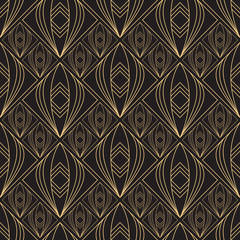 Gold pattern. Linear geometric Art Deco bricks. 20s retro style. Luxury seamless pattern. Packaging or menu design. Vector. Golden tiles.