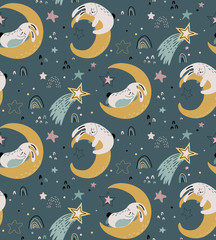 Vector naadloos patroon met schattige dieren die vliegen en slapen op maan en regenboog.